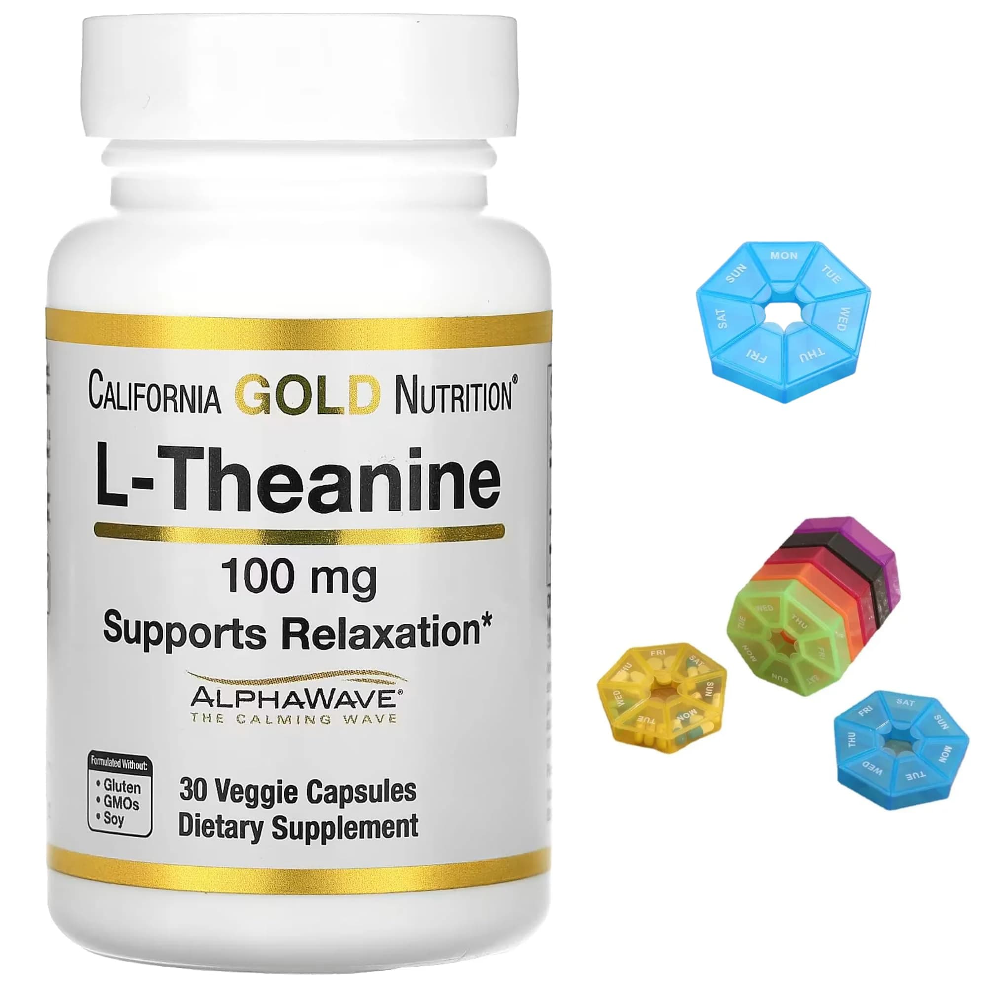California Gold Nutrition L-Theanine  Featuring AlphaWave® 100mg  30 Veggie Capsules