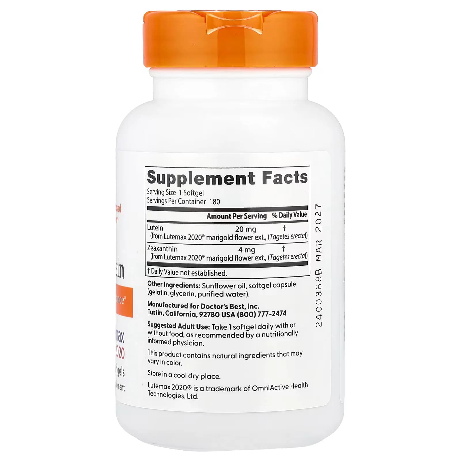 Doctor's Best, Lutein Lutemax 2020 20mg Softgels