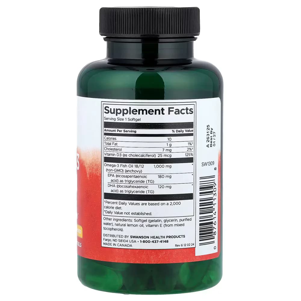 Swanson Vitamins Omega-3 Fish Oil with Vitamin D Lemon 60 Softgels