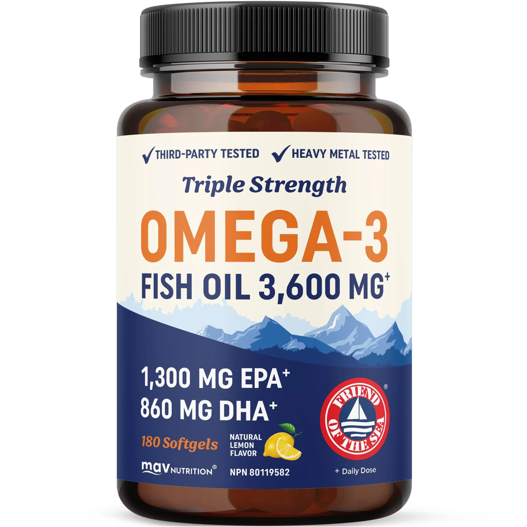 Mav Nutrition Triple Strength Omega 3 Fish Oil 3600 mg, EPA & DHA, Over 2100mg Omega-3