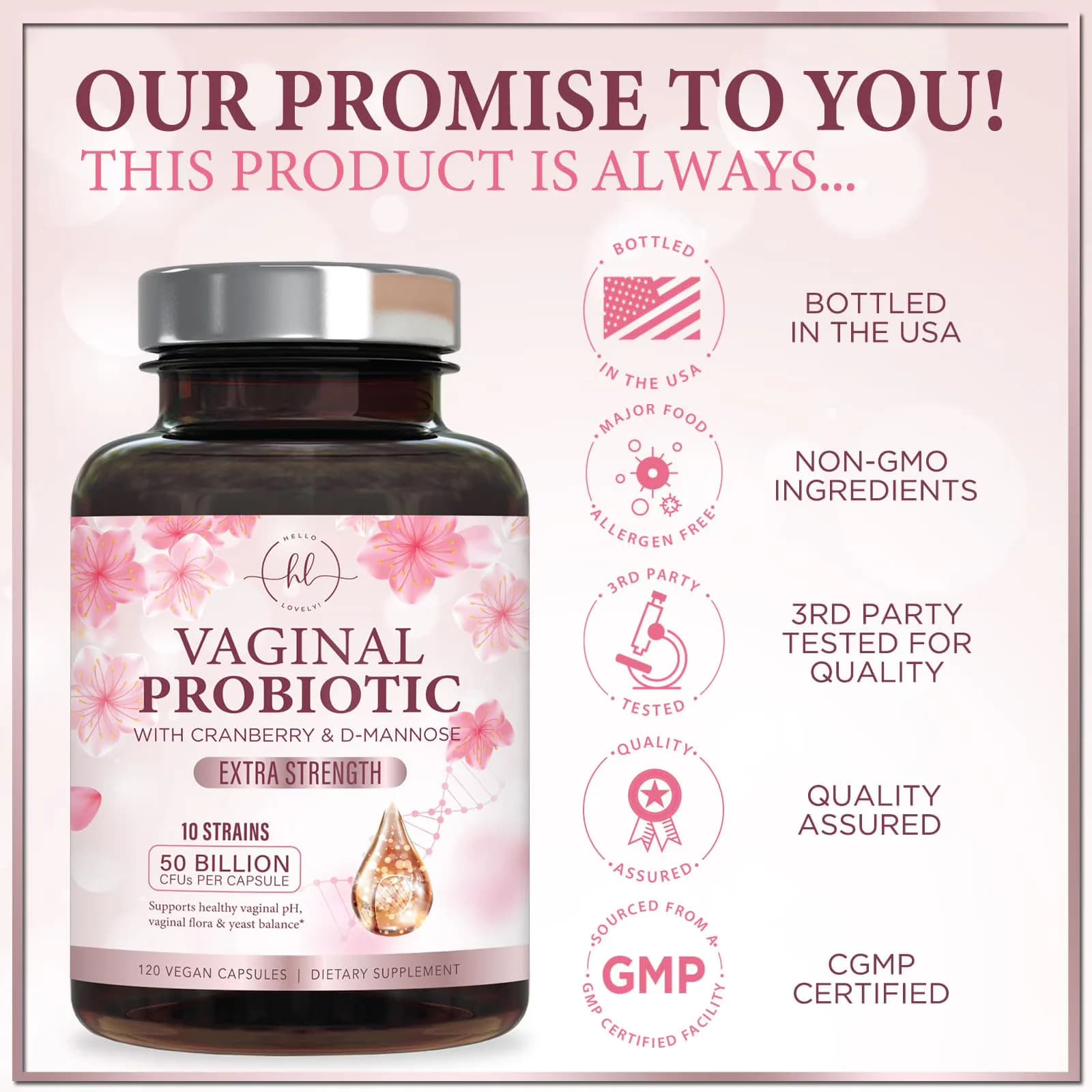 Hello Lovely! Vaginal Probiotic with Cranberry & D-Mannose 120 Vegan Capsules