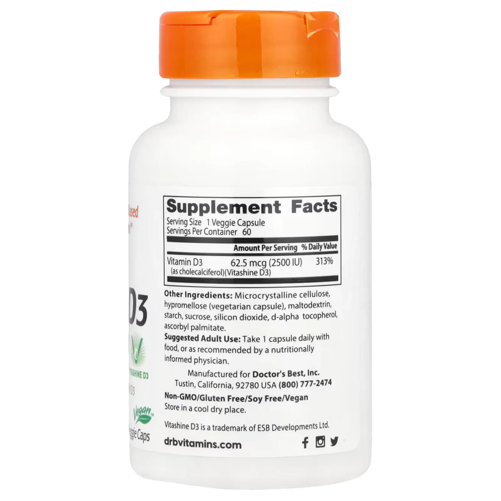 Doctor's Best Vegan D3 2500 IU with Vitashine D3 60 Veggie Capsules
