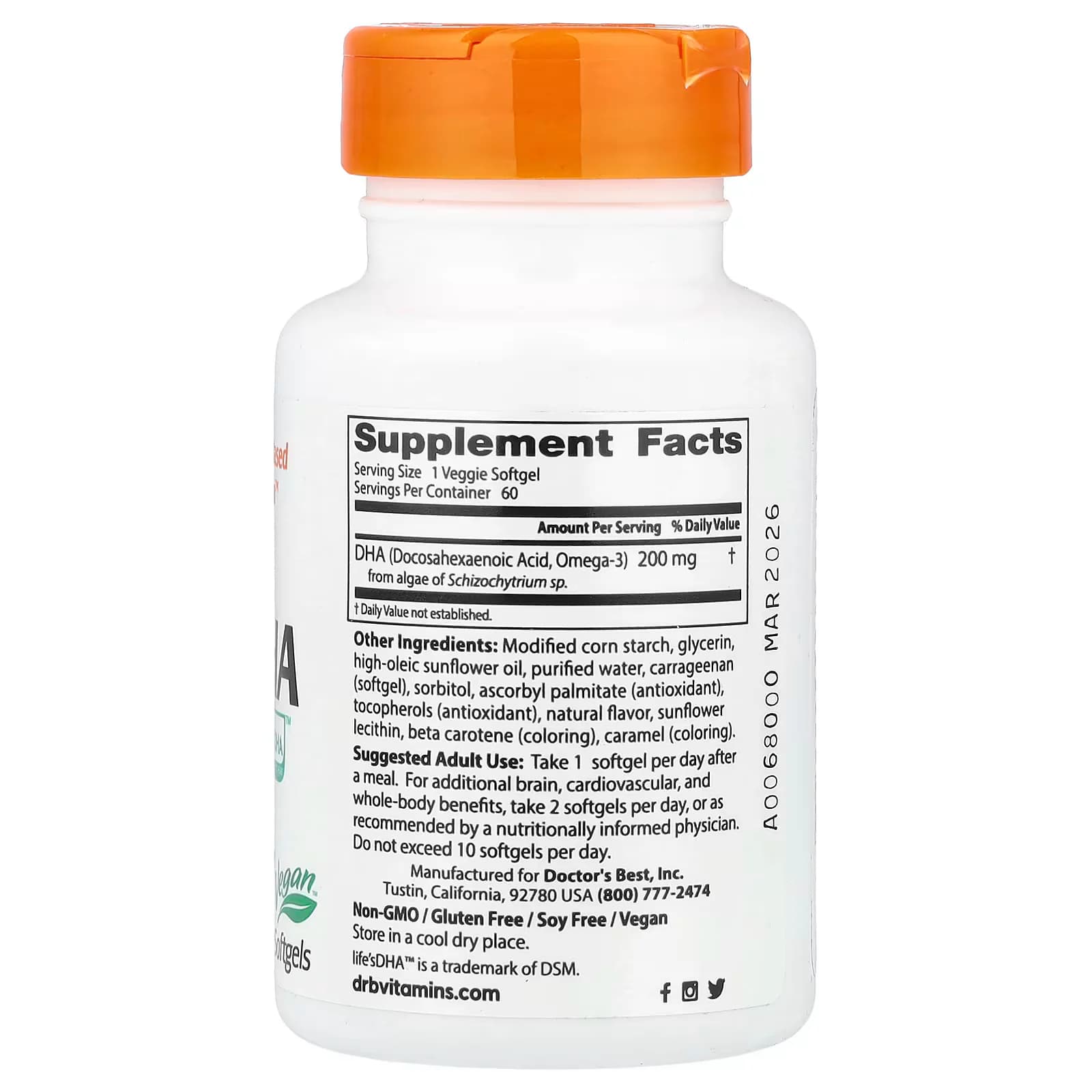 Doctor's Best Vegan DHA 200mg 60 Veggie Softgels Price in Pakistan
