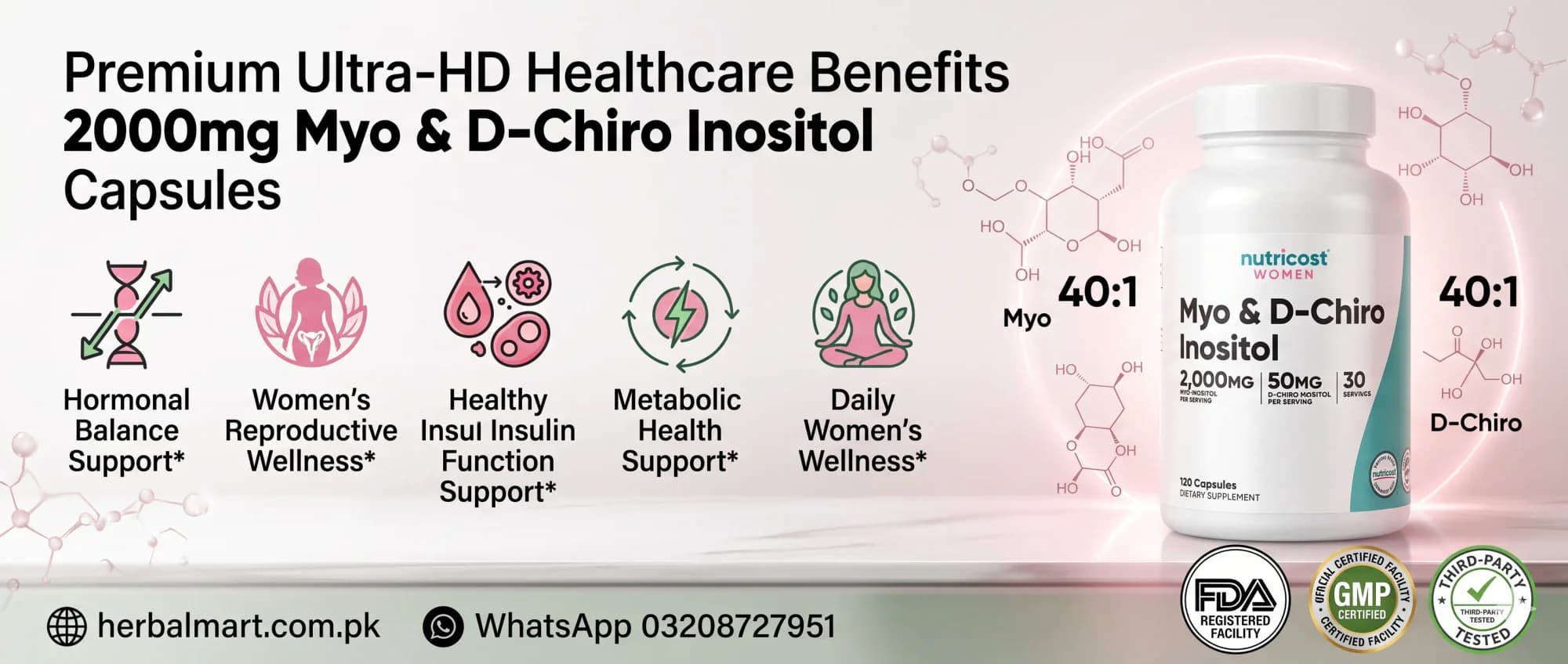 Nutricost Women Myo-Inositol 2000mg & D-Chiro-Inositol 50mg Capsules - key benefits