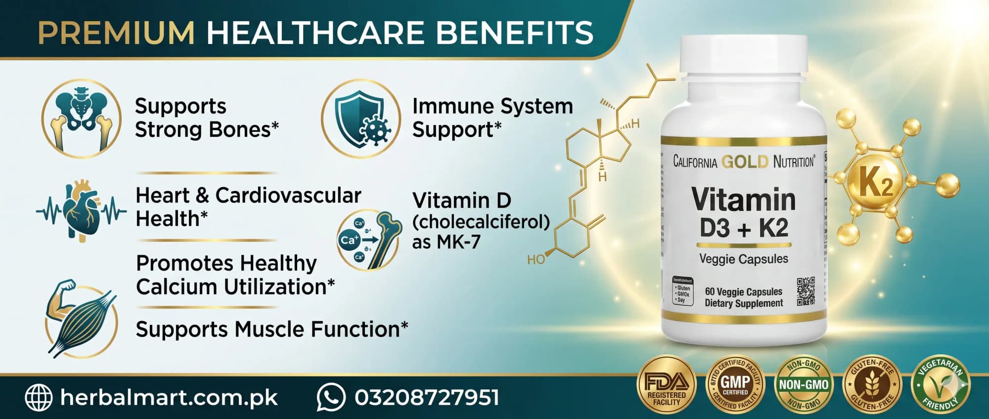 California Gold Nutrition Vitamin D3 + K2 as MK-7 180 Veggie Capsules - key benefits