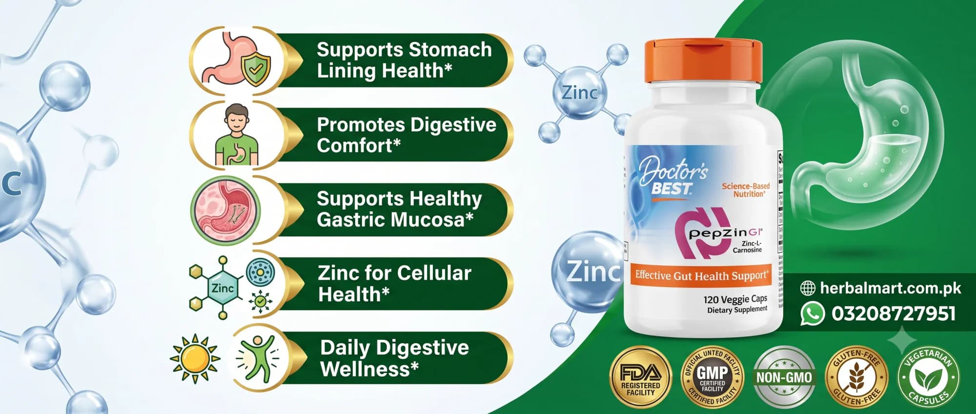 Doctor's Best, PepZin GI®, Zinc-L-Carnosine, 120 Veggie Caps - key benefits