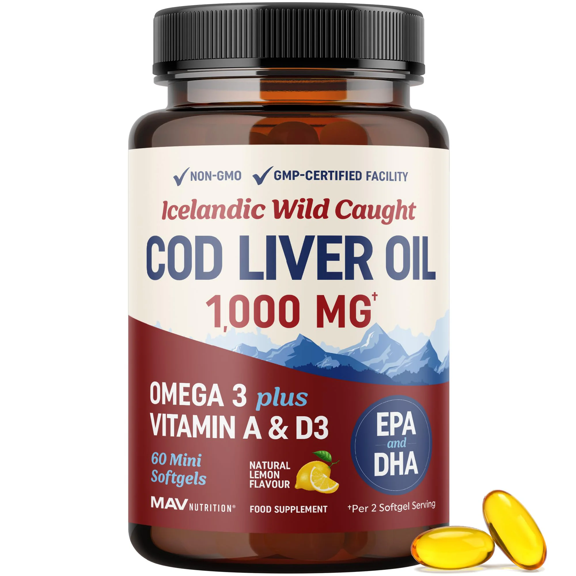 MAV Nutrition Icelandic Wild-Caught Cod Liver Oil 1000mg 60 Mini Softgels