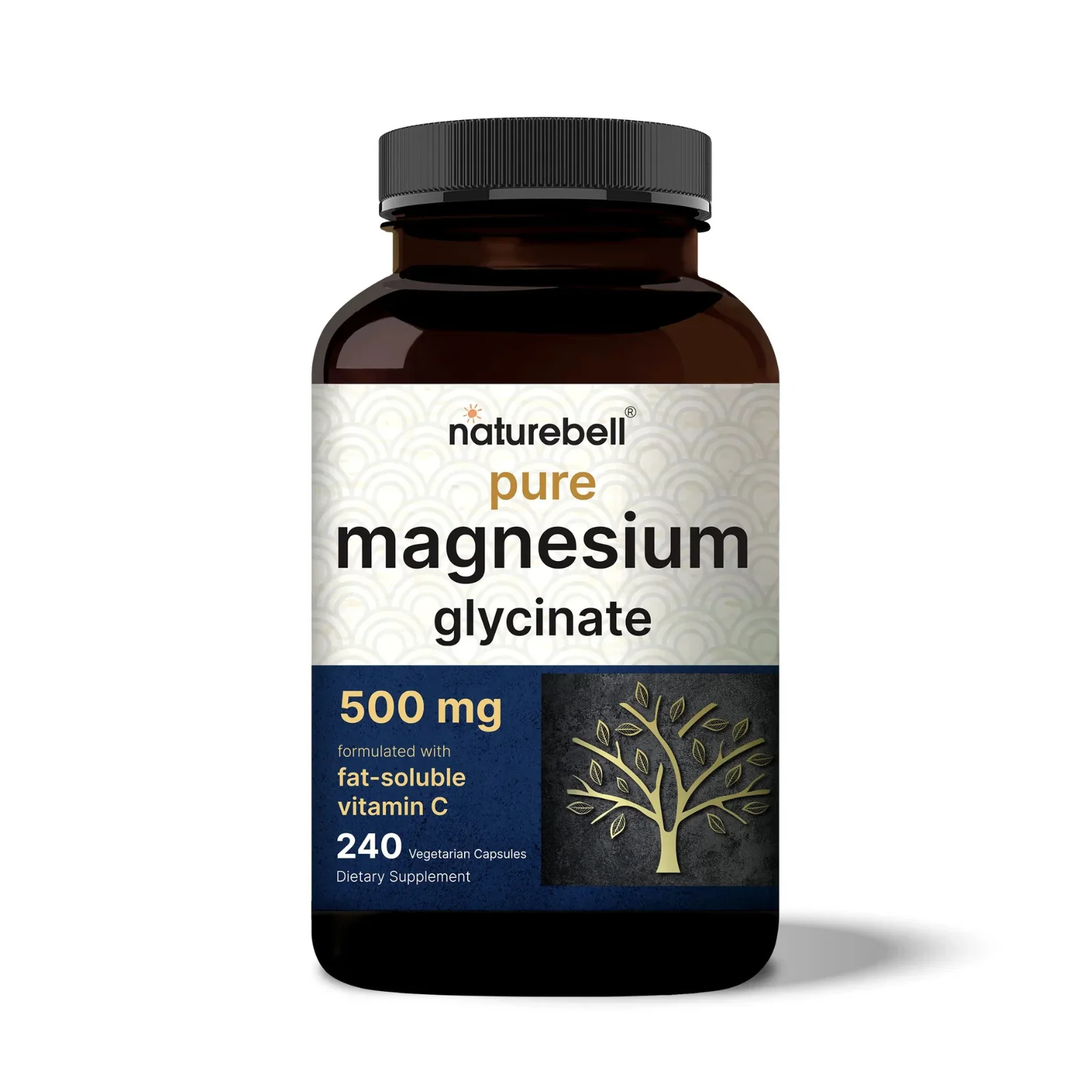 NatureBell Pure Magnesium Glycinate 500mg with Fat-Soluble Vitamin C 240 Veggie Capsules